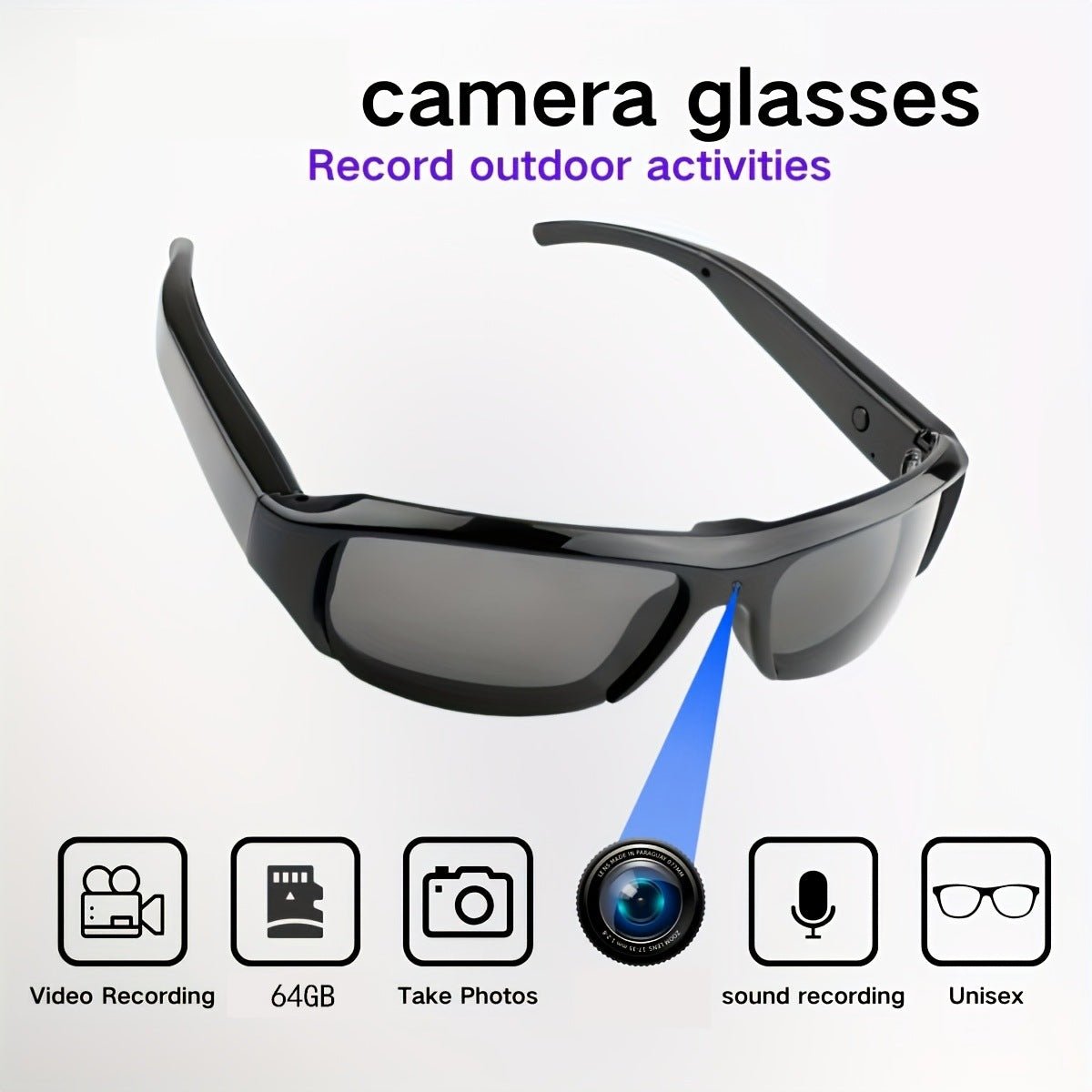 Camera glasses with features highlighted on a white background