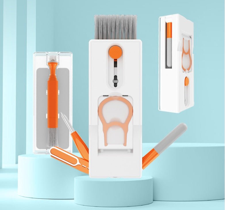 Set of dental tools with packaging on a light blue background