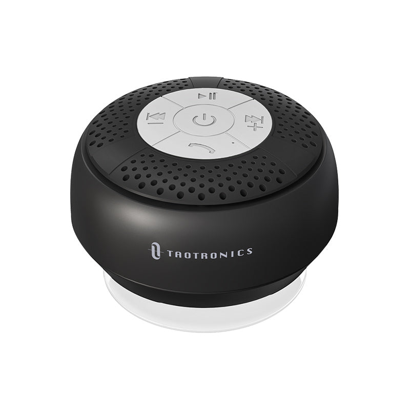 Black TaoTronics shower speaker on a white background
