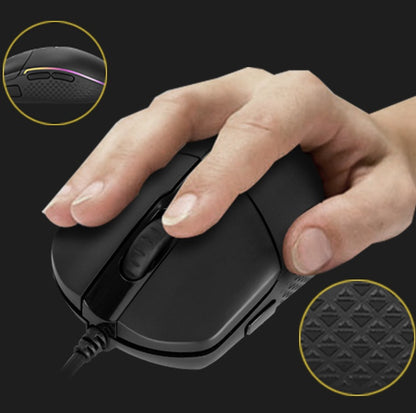 Hand holding a black gaming mouse with close-up details on a dark background