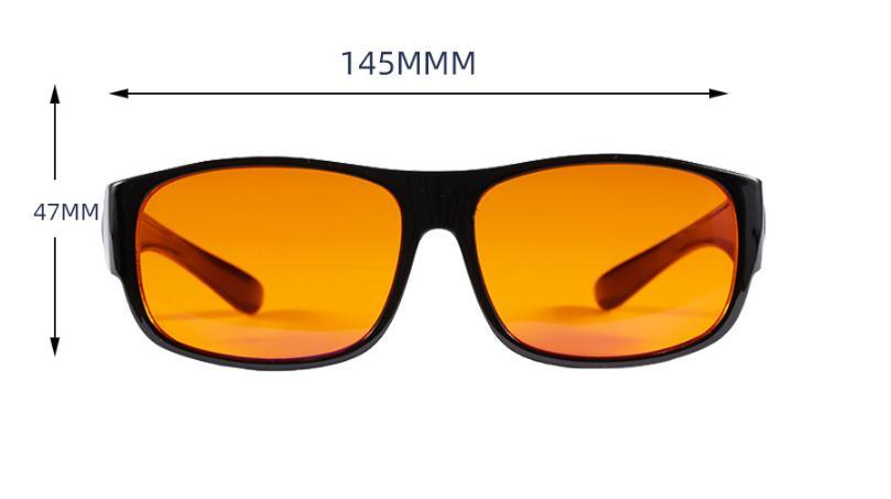 Sunglasses with dimensions labeled on a white background