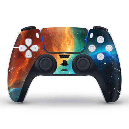 Gaming controller with a colorful space-themed design on a white background