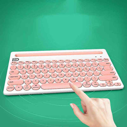 Pink keyboard with a hand pointing at it on a green background