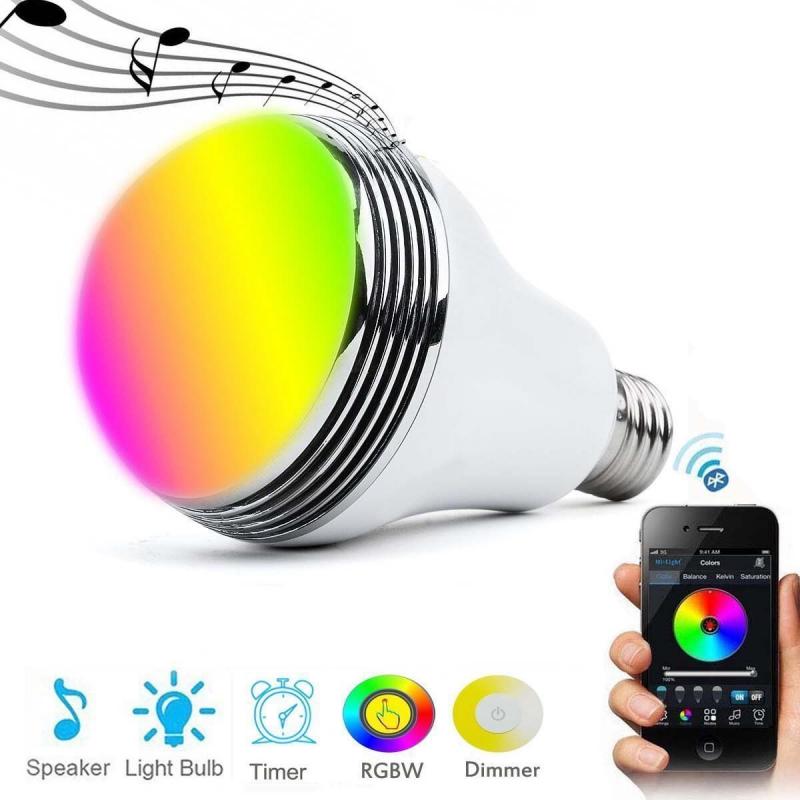 Smart light bulb with colorful display and smartphone app control on a white background