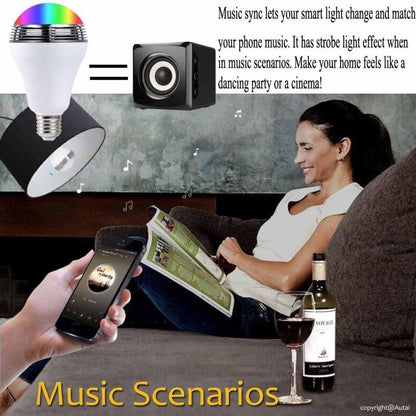 Smart light bulb and speaker with a woman reading on a couch, promoting music sync feature.