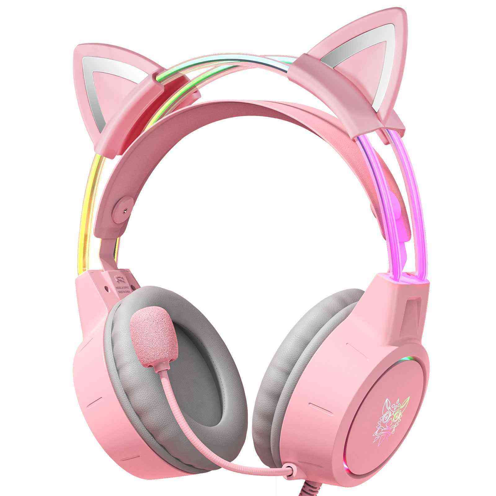 Pink cat ear headphones with colorful accents on a white background