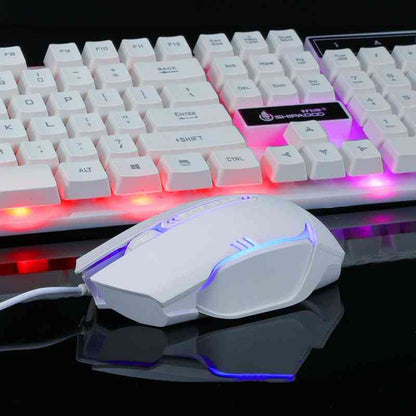 Gaming keyboard and mouse set with RGB lighting on a reflective surface