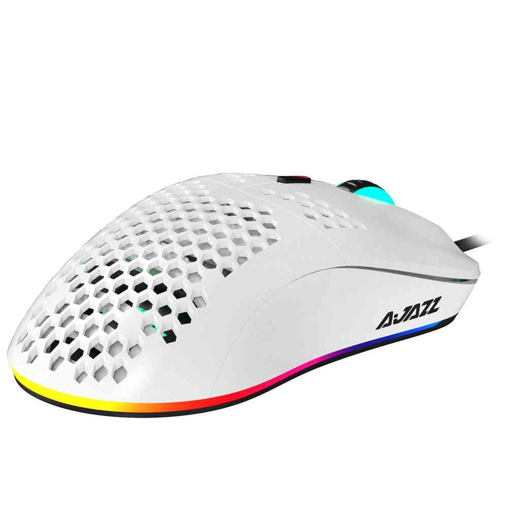 White gaming mouse with RGB lighting on a white background