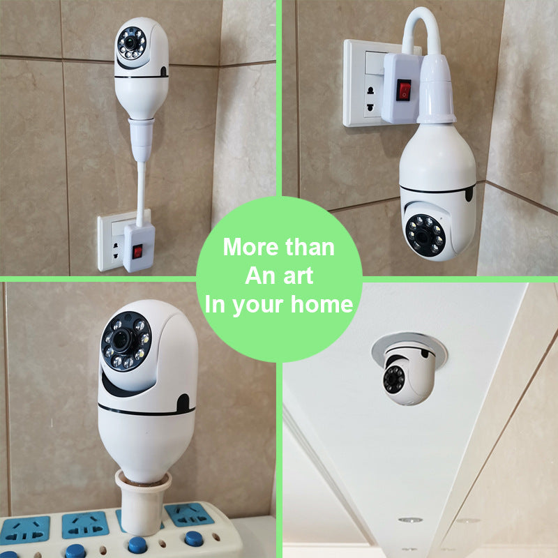 White security camera with power adapter on a tiled wall, with text 'More than an art in your home'.