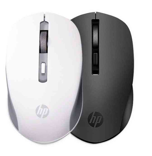 Two HP mice, one white and one black, on a white background