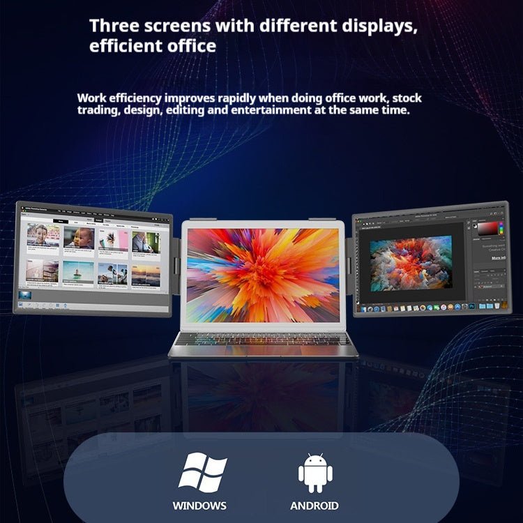 Three screens with different displays on a dark background, featuring Windows and Android logos.