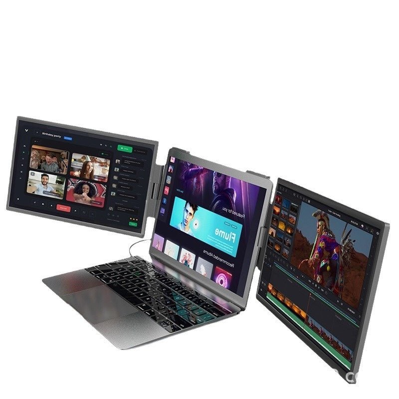 Three laptop screens displaying different applications on a white background
