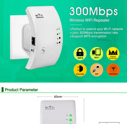 White wireless WiFi repeater with features and specifications on a green background