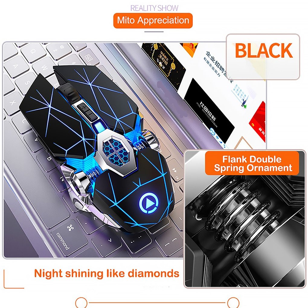 Black and blue decorative object with spring ornament on a laptop keyboard, labeled 'Black' and 'Flank Double Spring Ornament'.