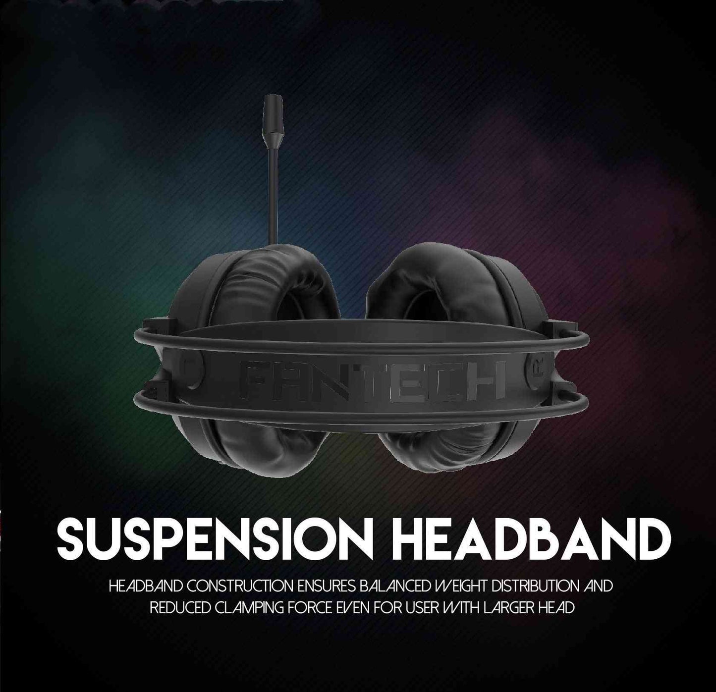 Black gaming headset with suspension headband feature on a dark background