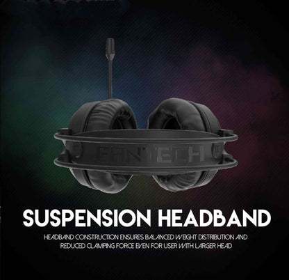 Black gaming headset with suspension headband feature on a dark background