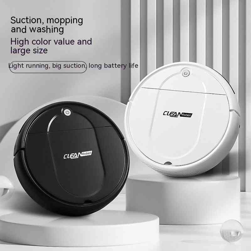 Black and white robot vacuums on a white background with text about features.