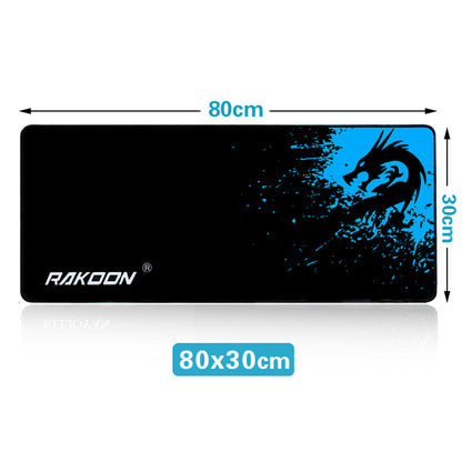 Gaming mouse pad with blue dragon design and dimensions on a white background