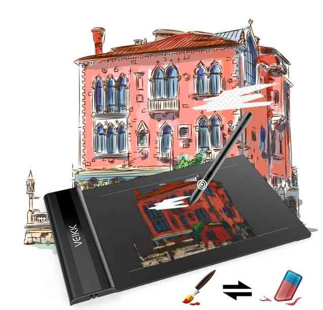 Digital drawing tablet with stylus in front of a colorful illustration of a building