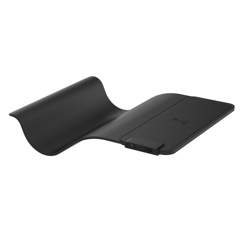 Black flexible tablet stand on a white background