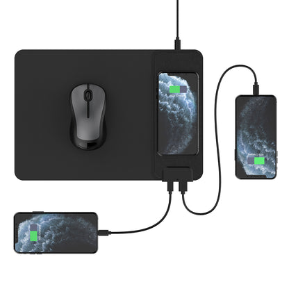 Black mouse pad with a mouse and three smartphones connected to it on a white background