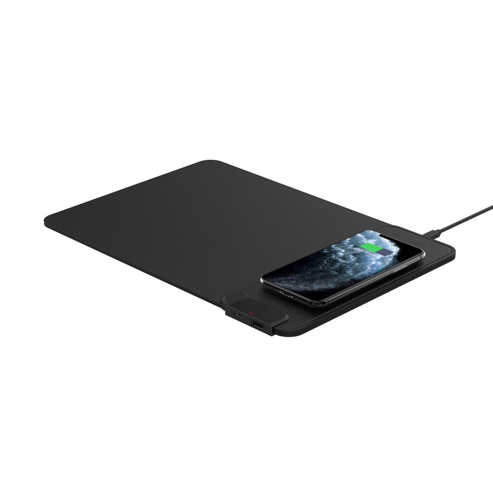 Black wireless charging pad with a smartphone on a white background