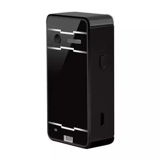 Black electronic device with metallic accents on a white background