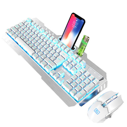 White keyboard with RGB lighting, smartphone, and mouse on a white background