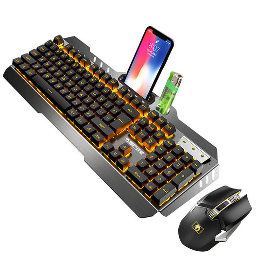 Gaming keyboard with smartphone holder and mouse on a white background