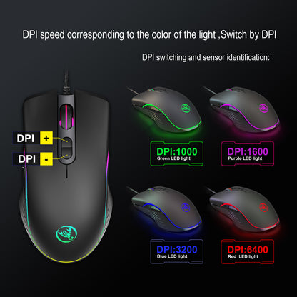 Gaming mouse with DPI switching and LED color indicators on a dark background