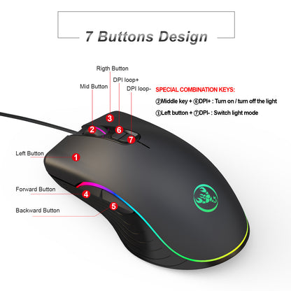 Gaming mouse with labeled buttons and combo keys on a white background