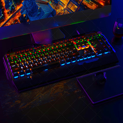 Colorful keyboard on a dark desk with a cityscape in the background