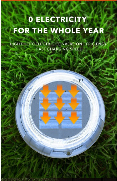 Solar panel on grass with text about electricity generation
