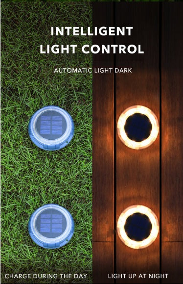 Solar lights on grass and wooden surface with text 'Intelligent Light Control' and 'Automatic Light Dark'.