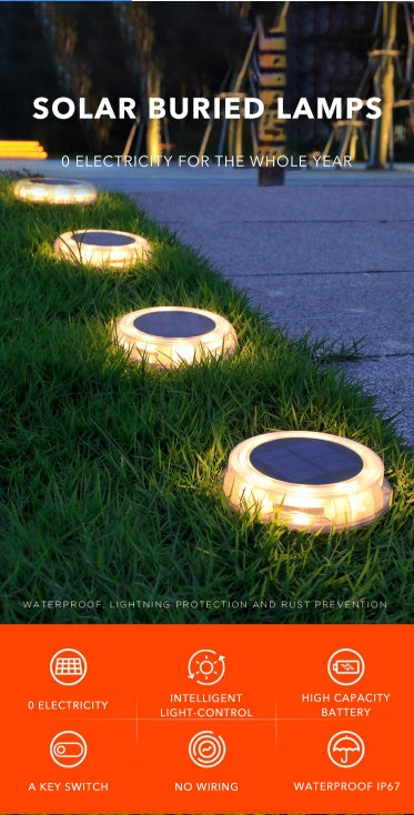 Solar buried lamps on grass with promotional text and features.