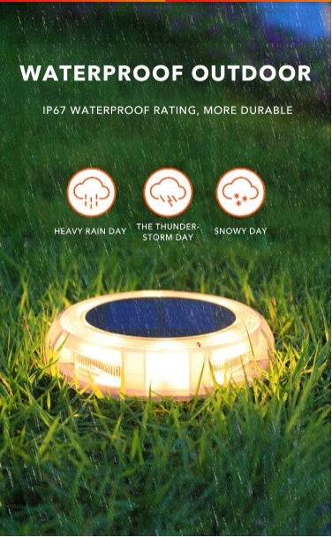 Solar-powered outdoor light on grass with waterproof rating icons and text.