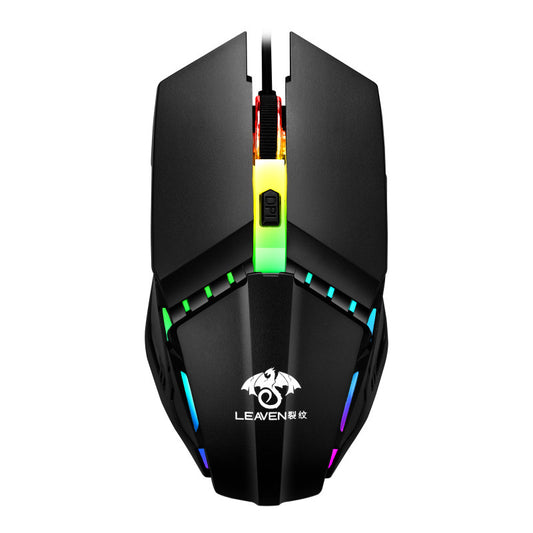 Gaming mouse with RGB lighting on a white background, featuring the LEAVEN brand.