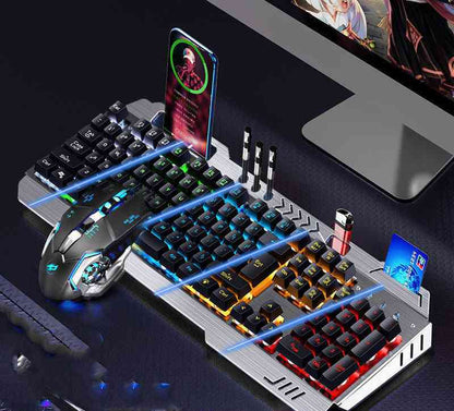 Gaming keyboard and mouse set with colorful backlighting on a dark surface.