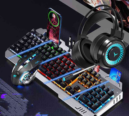 Gaming keyboard, headset, and mouse pad with colorful lighting on a dark background