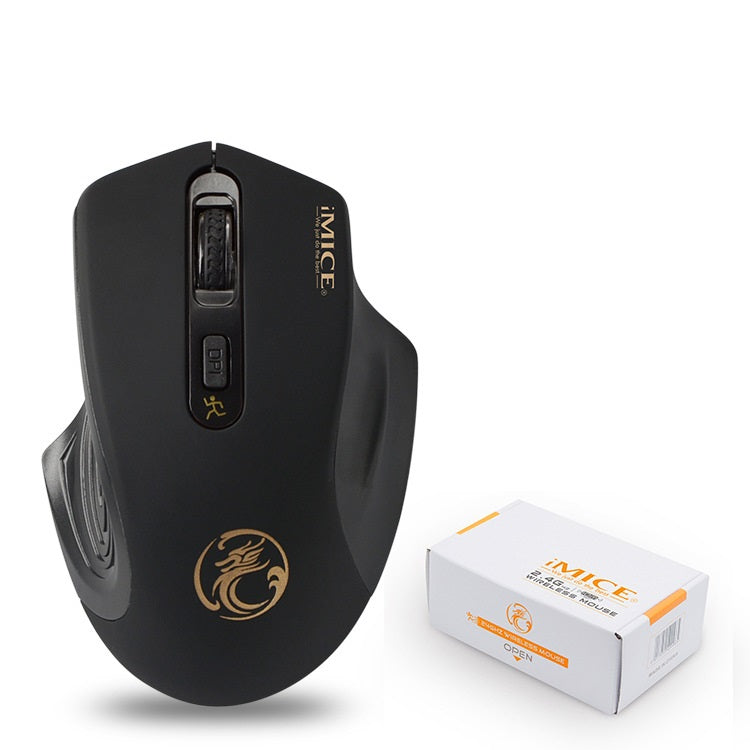 Black computer mouse with gold accents and iMICE branding next to its packaging on a white background