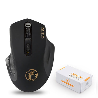Black computer mouse with gold accents and iMICE branding next to its packaging on a white background