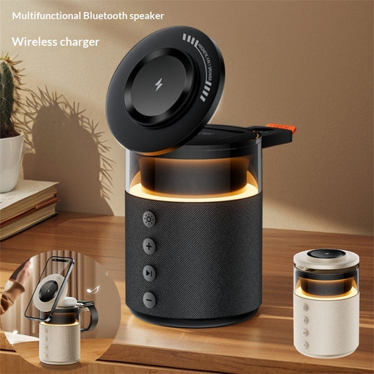 Multifunctional Bluetooth speaker with wireless charging feature on a wooden surface.
