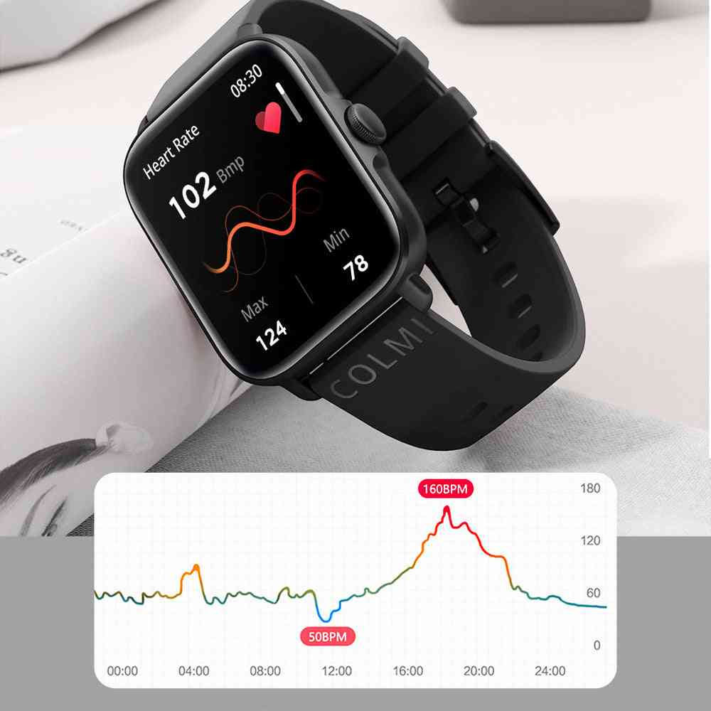 Black smartwatch displaying heart rate on a white surface with a close-up inset of heart rate graph.