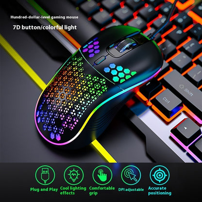 Gaming mouse with colorful LED lights on a keyboard background
