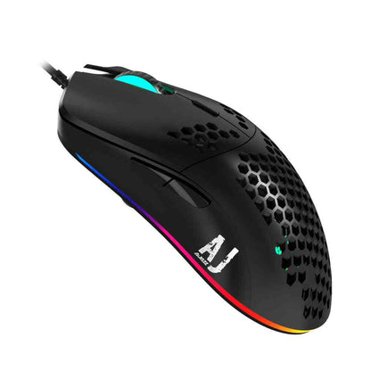 Black gaming mouse with colorful LED lighting on a white background