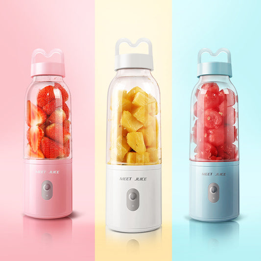 Three portable juice makers with fruits inside on a colorful background