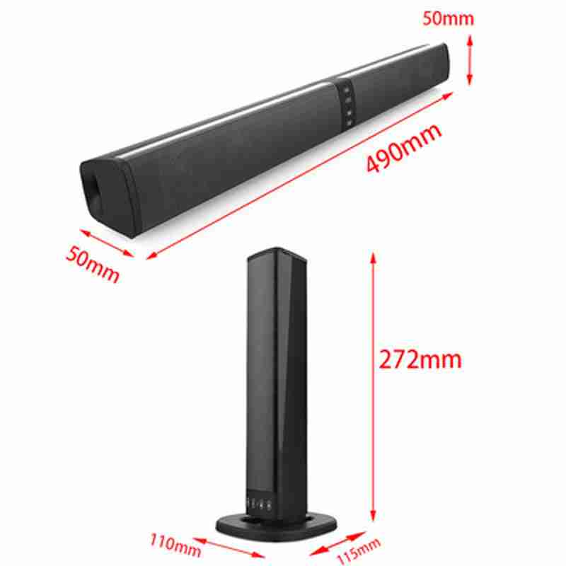 Measurement chart of a soundbar and a tower speaker with dimensions labeled.