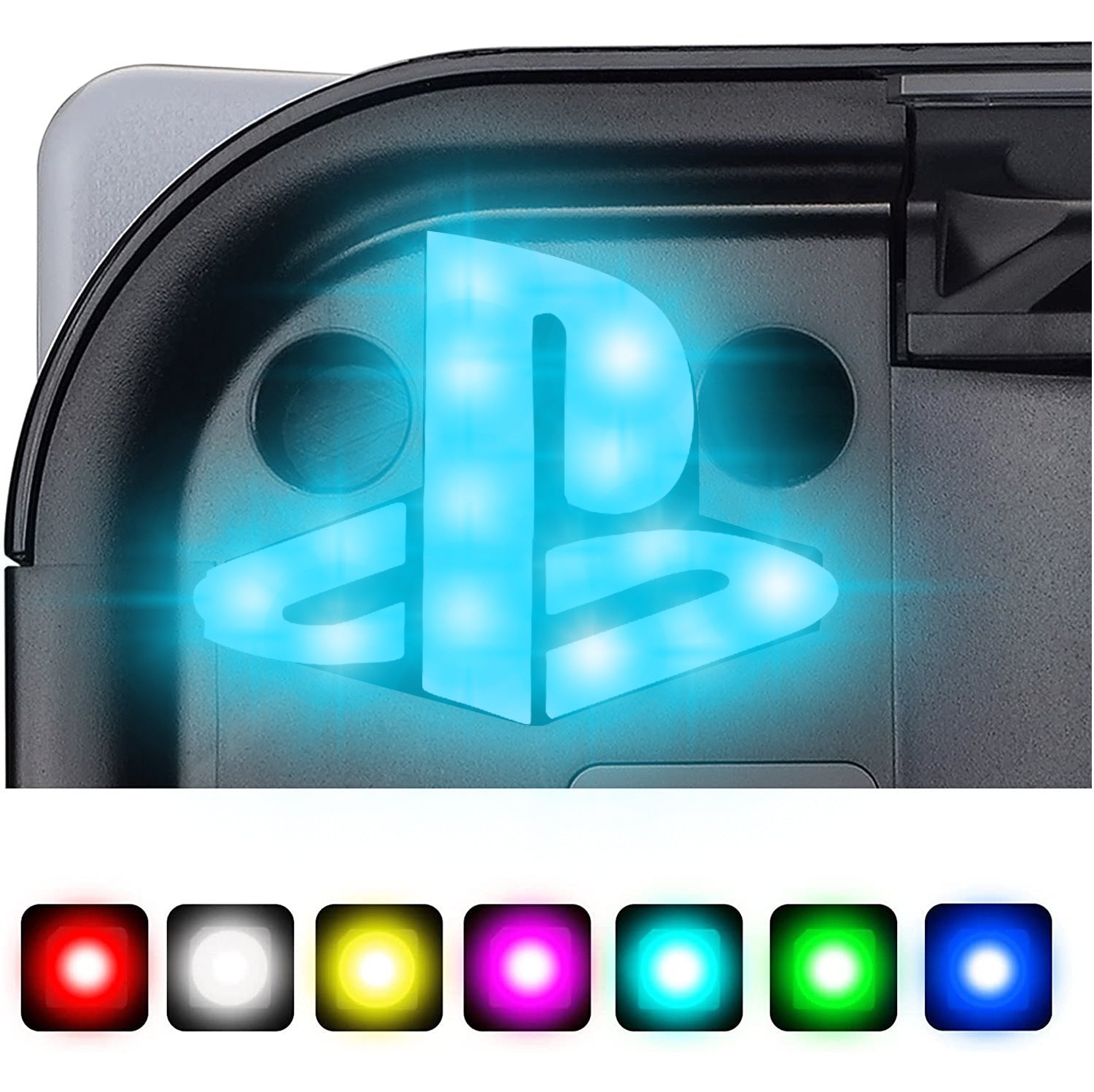 Glowing PlayStation logo on a gaming console with color options displayed below.