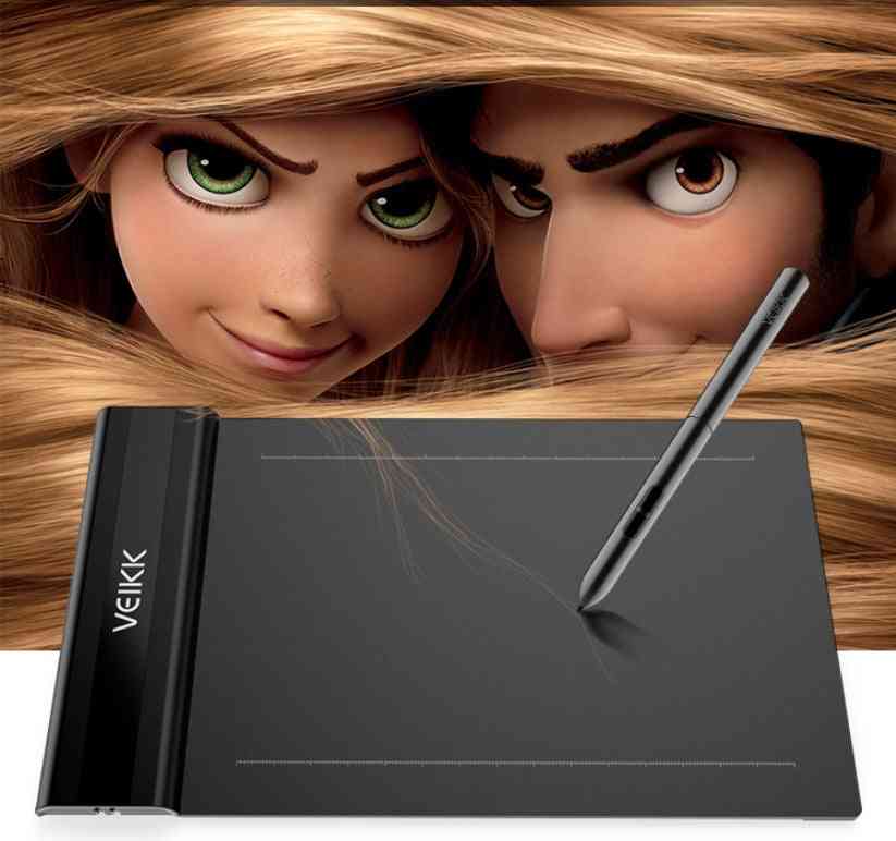 Veikk graphic tablet with stylus in front of animated characters peeking over a wooden surface