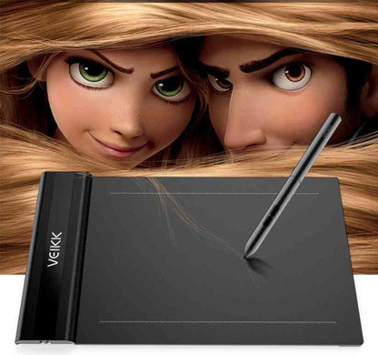 Veikk graphic tablet with stylus in front of animated characters peeking over a wooden surface
